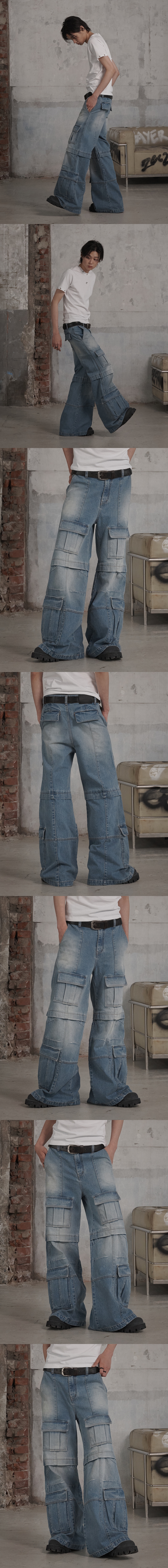 Multi Pocket Cargo Flare Denim Pants - Blue | ファッション