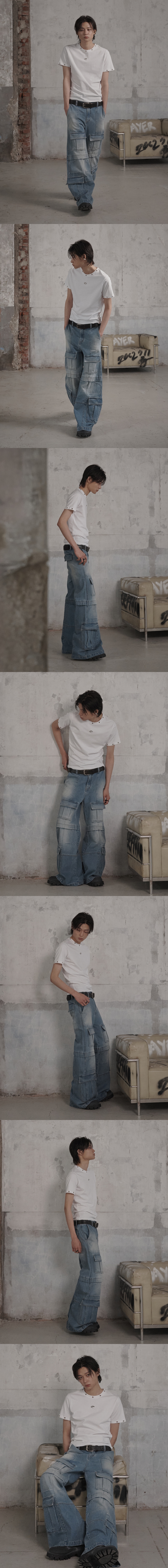 Multi Pocket Cargo Flare Denim Pants - Blue | ファッション